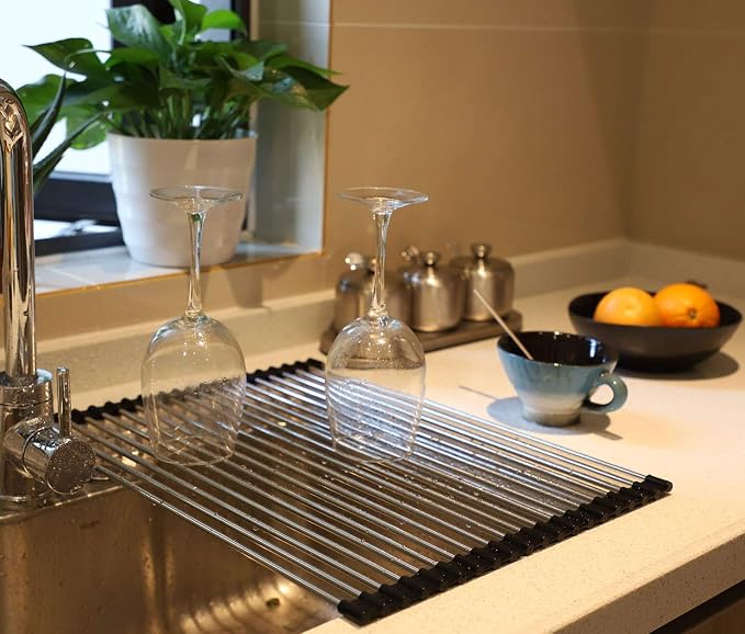 Ahyuan Roll up Dish Drying Rack Over The Sink Kitchen Roll up Sink Drying Rack Stainless Still Portable Drainer Foldable Dish Rack (Black, 17.8''X13.5'') - Image 5