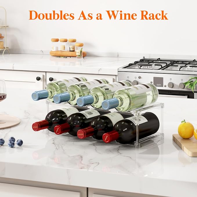 Lifewit Stackable Bottle Storage Organizer, Clear Freestanding Wine Holder for Cabinet, Large Slot Water Bottle Tumbler Cup Organizer for Pantry, Plastic Wine Rack for Fridge Cellar, 2Tier Hold 8 - Image 9