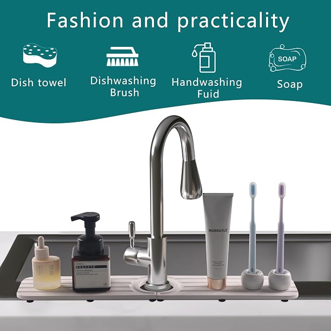 Water Absorbing Stone Kitchen Sink Mat Faucet Splash Guard for Bathroom | Quick Dry, Raised Feet, Diatomaceous Earth, Stone Faucet Mat, Sink Protector for Counter, Sink Accessories, Bathroom Decor - Image 2