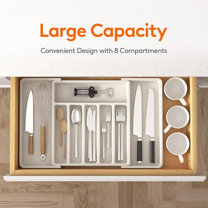 Lifewit Extra Large Silverware Drawer Organizer, Expandable Utensil Tray | BPA Free Flatware Cutlery Holder for Kitchen, Adjustable Plastic Storage for Spoons Forks Knives, 13-22 x15, White - Image 2