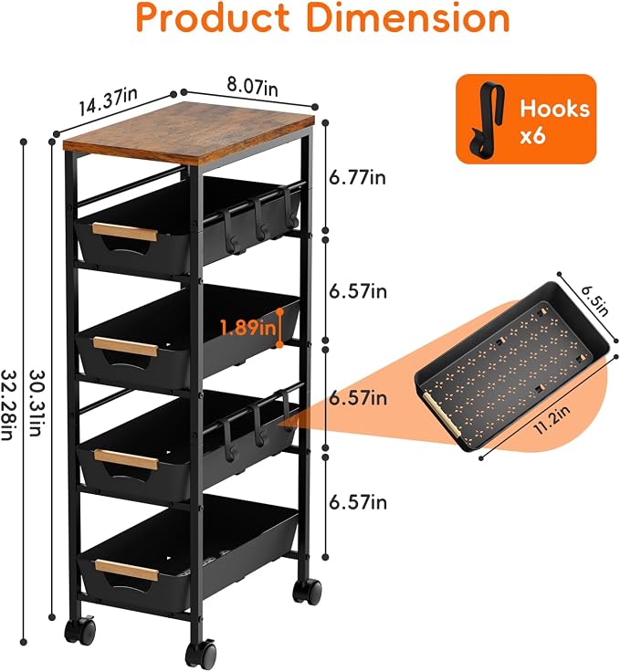 5-Tier Slim Storage Cart, Wooden Top Rolling Kitchen Cart with Pull-Out Baskets & Wheels, Narrow Space Utility Cart Slide Out Organizer for Kitchen, Bathroom, Laundry Room, Black - Image 5