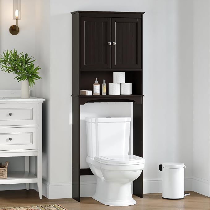 Spirich Over Toilet Storage Cabinet with Doors, Espresso Bathroom Organizer | FSC-Certified MDF, Raised Panel Doors, Adjustable & Open Shelves, Anti-Tip Mount, Fits Behind & Above Standard Toilets by SpirichLLC