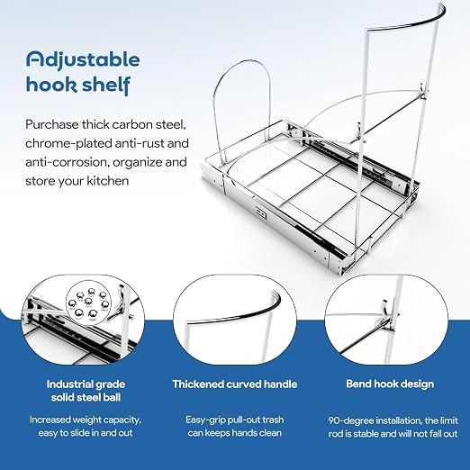 Pull Out Trash Can Under Cabinet & Under Sink, Heavy Duty Slider Organizer | Adjustable Cabinet Garbage Can Rack, Fits 30-40Qt Bins, Requires 13"W x 18"D Cabinet Opening, Chrome Finish, Can Not Included - Image 5