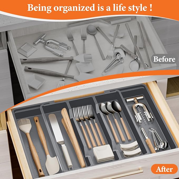 Large Expandable Silverware Drawer Organizer, Utensil Tray | Kitchen Drawer Organizer for Spoons/Forks/Knives, Multipurpose & BPA Free Cutlery Tray(1 Pack, Gray) - Image 5