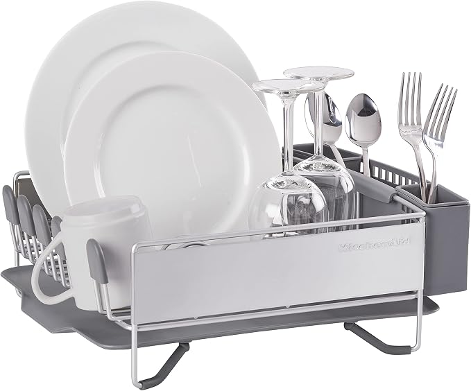 KitchenAid Compact Space Saving, Dish Rack with Removable Flatware Caddy and Angled Self Draining Drainboard, Satin Gray, 15-Inch-by-13.25-Inch - Image 2