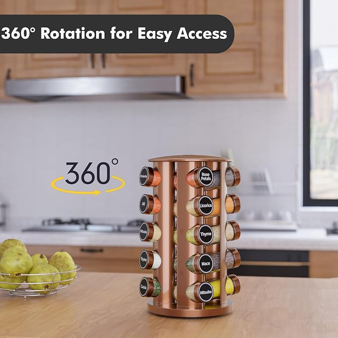 Revolving Spice Rack Set with 20 Spice Jars, Kitchen Spice Tower Organizer for Countertop or Cabinet - Carousel Storage Includes 386 Spice Labels (Gold) - Image 3