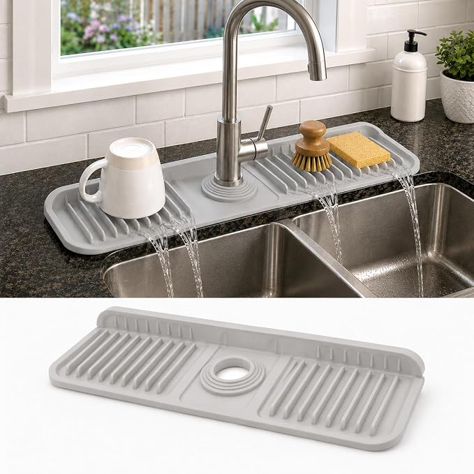 17" Silicone Faucet Handle Drip Catcher Tray,7° Sloped Self Draining Mat with Snap-on Design & Soap Holder, Sink Splash Guard for Kitchen & Bathroom, Trim-to-Fit Opening by Unknown