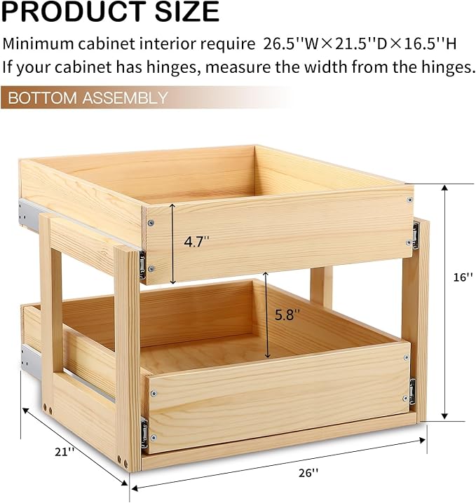 Pull Out Cabinet Organizer 26''W×21''D×16''H Slide Out Drawer | Soft Close Wood Kitchen Pullout Drawers for Cabinets Shelves for Kitchen, 2-Tier, Finished, Heavy-Duty, Bottom Assembly - Image 3