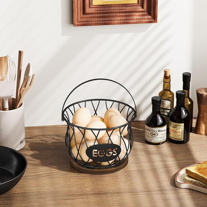 YINMIT Chicken Egg Basket for Gathering Fresh Eggs,Egg Collecting Basket | Wire Egg Holder Countertop,30-Egg Capacity,Metal Handle,Weighted Wood Base,Coop-To-Kitchen,Garden Harvest,Fruit Storage - Image 2