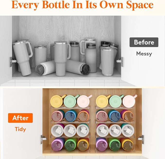 Lifewit Stackable Bottle Storage Organizer, Clear Freestanding Wine Holder for Cabinet, Large Slot Water Bottle Tumbler Cup Organizer for Pantry, Plastic Wine Rack for Fridge Cellar, 4Tier Hold 12 - Image 9