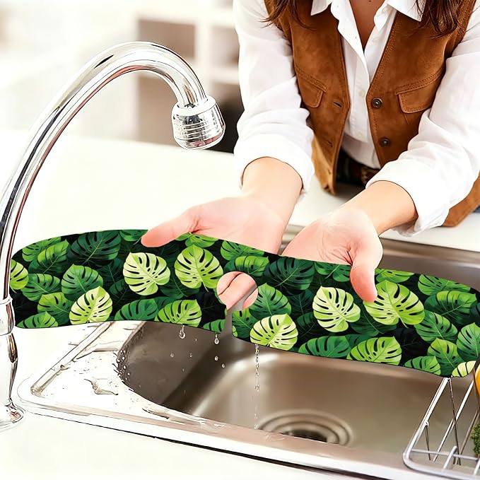 2 Pcs Kitchen Sink Splash Guard Faucet Mat Monstera Leaves Pattern Faucet Mat for Sinks Absorbing Drying Mats for Kitchen Bathroom - Image 6