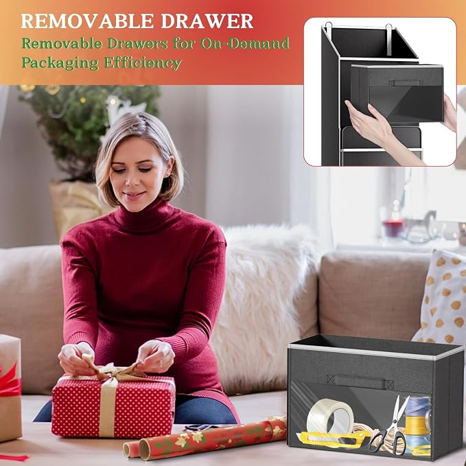 2-in-1 Wrapping Paper Organizer Storage, Over Door or Under Bed Organizer with Removable Drawer & 4 Clear Pockets Wrap Storage for Ribbons, Bows, Ornament and Other Tools - Image 5