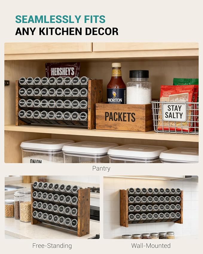 Spice Rack Organizer with 36 Glass Jars, for Cabinet Wall Mount Countertop | 4-Tier Seasoning Organizer with Labels, Chalk Marker & Funnel for Pantry, Kitchen Storage, Wood, 17.2 in W x 9.4 in H - Image 7