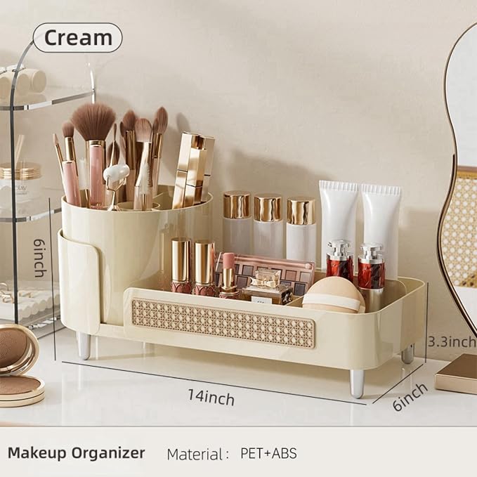 Booklov Rotating Makeup Organizer for Vanity Countertop, Cream | Plastic Cosmetic Display Case, Large Beauty Brush Holder for Bathroom Counter, Skin Care Perfumes Storage - Image 2