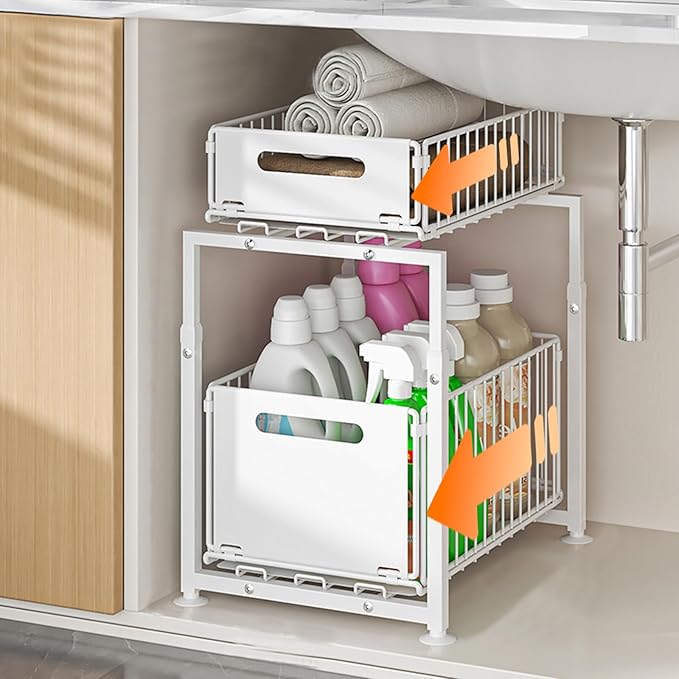 Under Sink Organizer, 2-Tier Multi-Use Kitchen and Bathroom Organizers and Storage, Slide Out Thickened Metal Under The Sink Organizer for Kitchen Bathroom Pantry (Style A White, 1 Pack) by Unknown