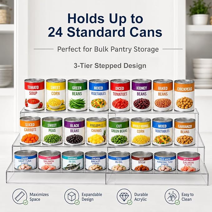 Expandable Can Rack Organizer for Pantry:3-Tier Clear Acrylic Canned Food Storage Holder, Adjustable Pantry Shelf for Kitchen Cabinet & Countertop, Holds Up to 24 Cans - Image 3