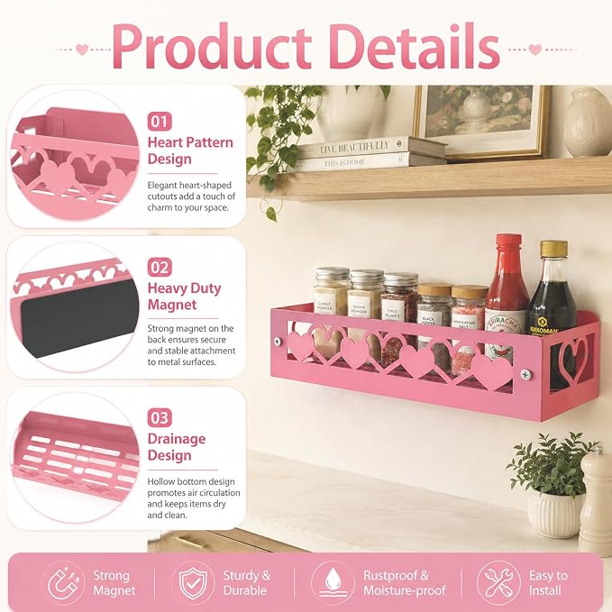 OYEFLY Pink Heart Magnetic Spice Rack for Refrigerator, Metal Magnetic Shelf Basket, Cute Fridge Organizer and Storage, Pink Kitchen Accessories for Spice Storage, Cabinet or Laundry Room (1) - Image 3