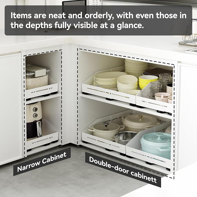 Pull Out Cabinet Organizer 12.5"-17.7"D&12.5"-21"W Raised Walls White | 5.5" Raised Side Walls Zero-Drill Adhesive Install 4-Way Expandable Design Triple-Rail Smooth Glide For Kitchen Cabinets - Image 6