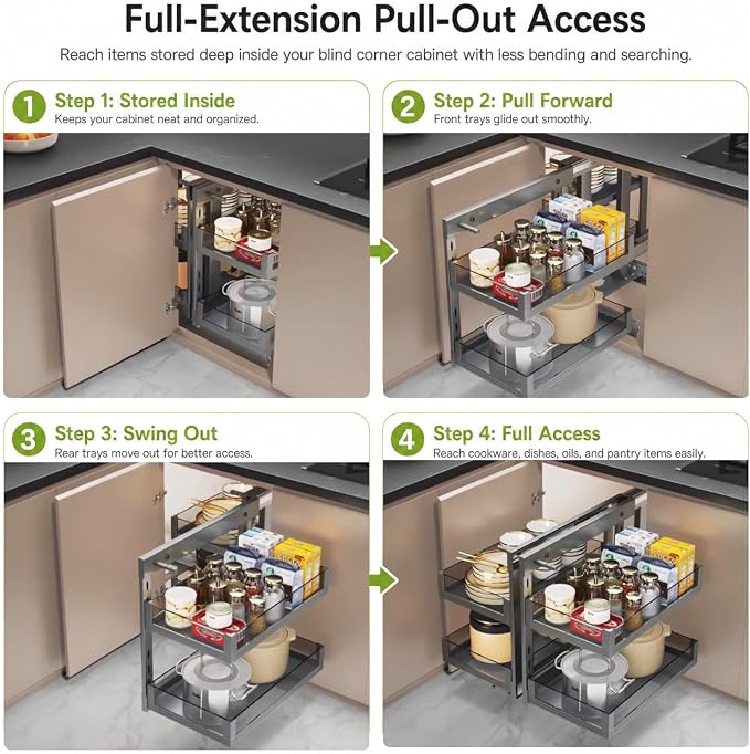 Blind Corner Cabinet Pull Out Organizer, Heavy-Duty Magic Corner Shelves with Soft Close, 2-Tier Full Extension Baskets for 13",14.1",15.3",16.9" Kitchen Cabinets, Left & Right Compatible - Image 5