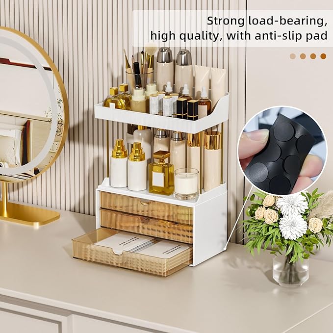 StorBin Arcylic 5-Tier Makeup & Skincare Organizer for Vanity, Bath | Smooth 3 drawers, clear body, gold frame, non-slip, for perfumes, serums, face masks, palettes, vanity & bath counter,Amber - Image 8