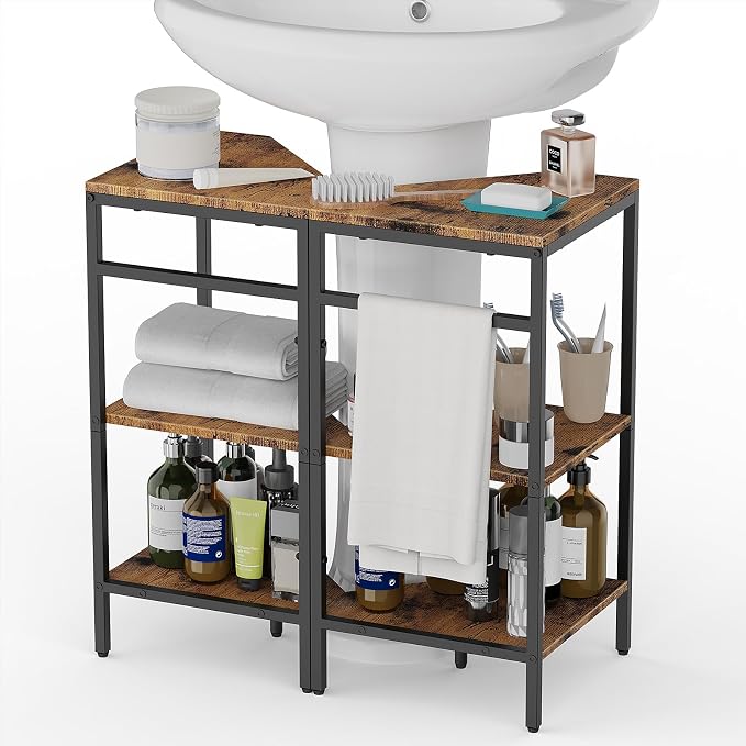 CADUKE Pedestal Sink Storage, 2 Pack Bathroom Under Vanity Storage Shelf | Under Sink Organizer Shelf, Bathroom Organizers Rack Stand, 3 Tier Wooden Corner Shelves, For Small Space, Rustic Brown by CADUKE