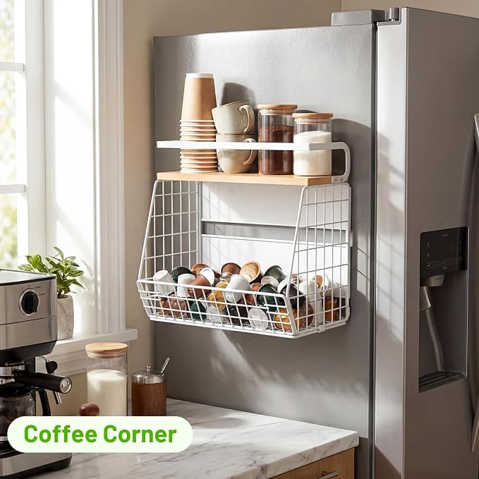 Magnetic Fridge Shelf with Wood Lid, Fruit Potato Onion Storage Bins, Pantry Organizers, Large Container Spice Rack for Refrigerator, Kitchen Counter, Cabinet (1, White) - Image 7