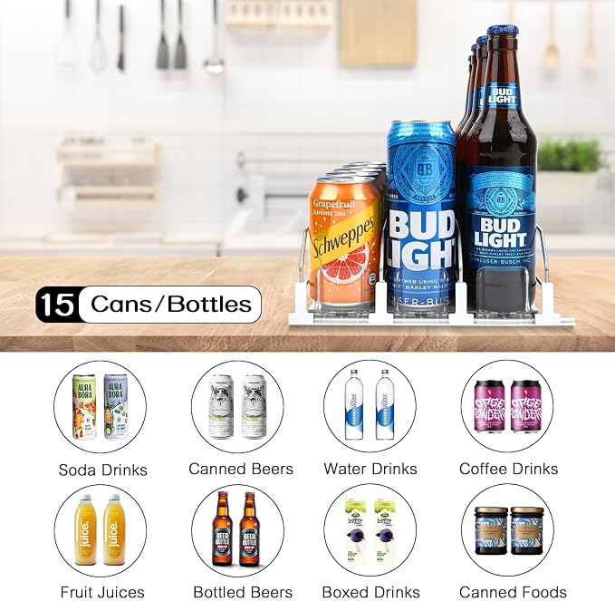 Soda Can Dispenser for Refrigerator, 3 Row Self-Pushing Rack, Fits up to 15 Cans, Width Adjustable Beverage Storage Rack, 15inch White - Image 3