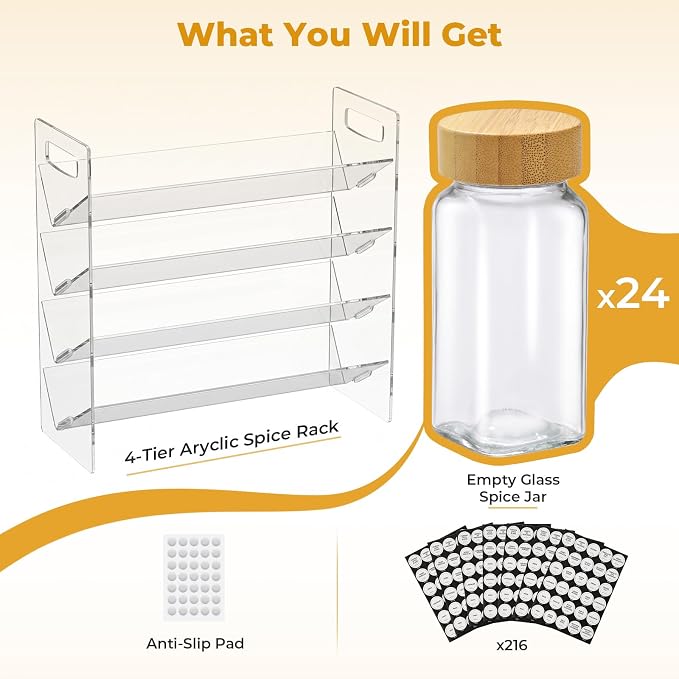 4-Tier Acrylic Spice Rack Organizer with 24 Glass Spice Jars and Wooden Lids, Clear Spice Shelf for Cabinet, Countertop, Pantry, Easy Assembly Seasoning Holder, Compact 11.6" W x 11.4" H - Image 2