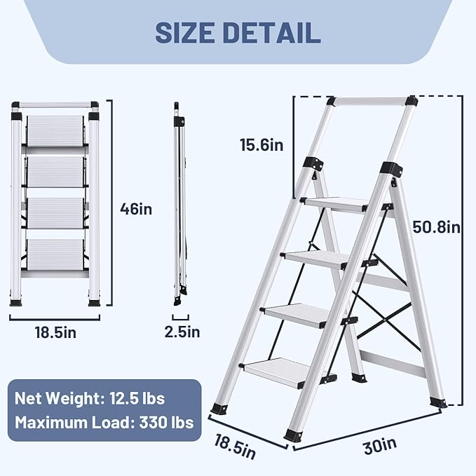 4 Step Ladder, Aluminum Folding Stool with Retractable Handgrip | 330 lbs Heavy Duty | Lightweight | Removable Tool Tray | Non-Slip Pedals | Slim Fold for Kitchen, Garage, Library & Closet - Image 6