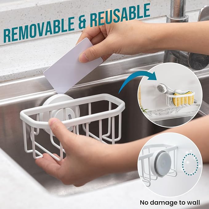 TAILI White Sponge Holder for Kitchen Sink with Strong Suction Cup | Dish Sponge Caddy Inside Sink Removable, Rustproof Aluminum for Sponges, Brushes, Stoppers and Scrapers - Image 6