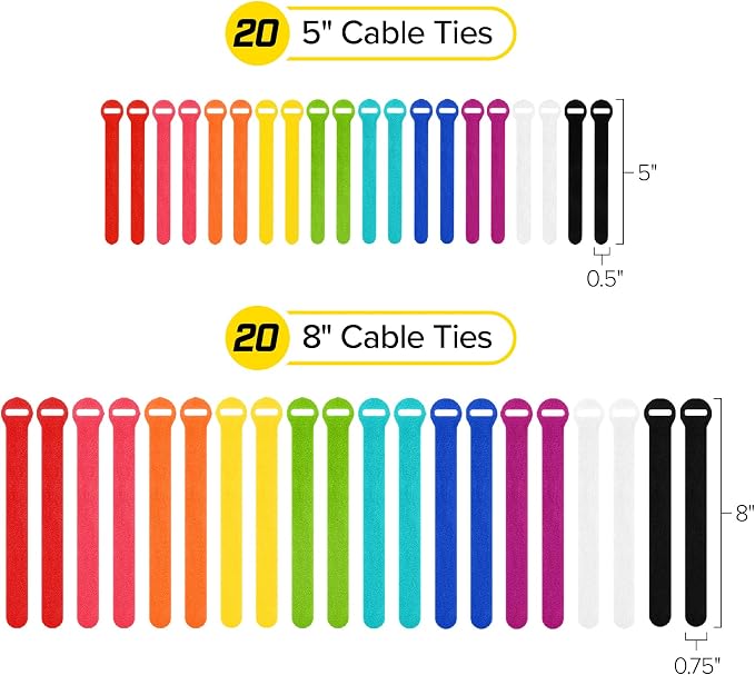 Self-Gripping Cable Ties by Wrap-It Storage - Assorted 40-Pack Multicolor | Reusable Hook and Loop Cord Keeper, Cable Wrappers for Cord Management and Home Office Desk Organization - Image 4