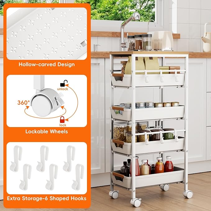 5-Tier Kitchen Storage Cart, Wood Top Rolling Cart Organizer with Pull-Out Baskets & Wheels, Metal Snack Cart with Holder for Fruit, Vegetable, Microwave, Kitchen, Pantry, White - Image 6