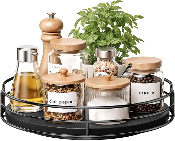 Optish 10" Elegant Lazy Susan, Non-Skid Turntable Spice Organizer, Black | 360° Smooth Rotation, Clear Design, Tall Raised Edge, Easy Access, Load 15 lbs, for Spices, Cabinet, Pantry, Fridge, kitchen by Optish