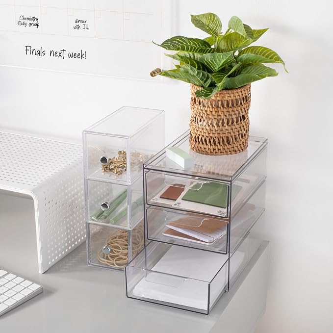 mDesign Plastic Stackable 3-Drawer Kitchen Storage Organizer - Bin with Divided Pull-Out Drawers for Pantry, Shelf, Fridge/Refrigerator, and Freezer Organization - Lumiere Collection - Clear - Image 2