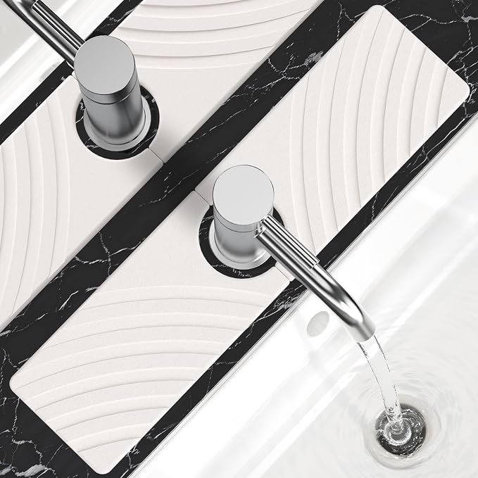 SpaceHacks Stone Faucet Mat for Kitchen Sink 15.7x4 in, White | Fast Drying Diatomite Stone Drying Mat, Water Splash Guard, Textured Drainage Sink Protector, Suits Bathroom&Kitchen Counter by SpaceHacks