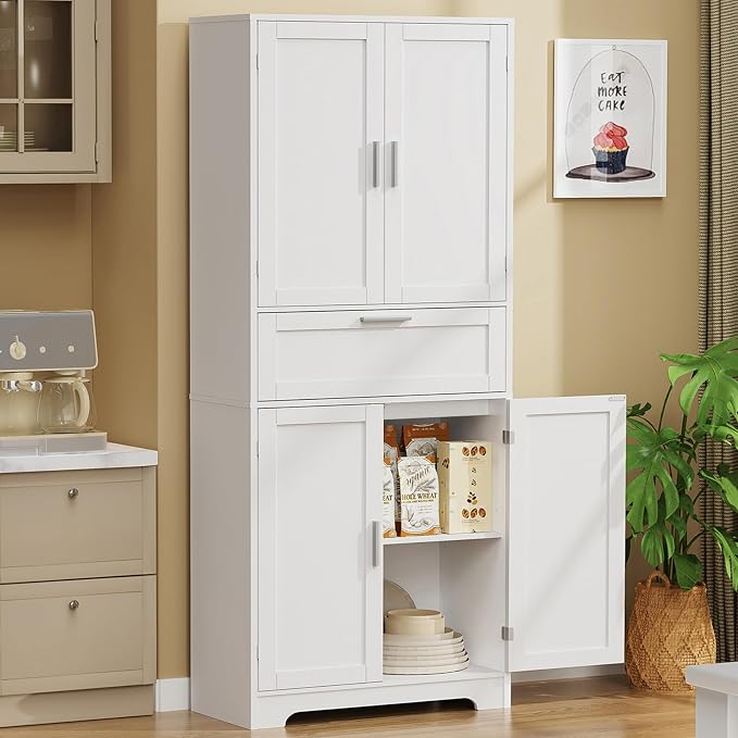 Iwell 67" Tall Storage Cabinet with Adjustable Shelf & 1 Large Drawer, Pantry Cabinet with 4 Doors, Kitchen Cabinets for Dining Room, Living Room, Home Office, White | Adjustable Shelf - Image 5