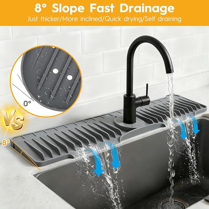 24" Silicone Faucet Mat for Kitchen Sink of The Lastest, Dark Grey | 8° Slope Fast Self-draining, Kitchen Sink Water Splash Guard, Behind Faucet Draining Mat, for Bathroom Kitchen Sink Area - Image 3