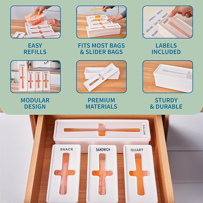 Storage Bag Organizer for Kitchen- Baggie Drawer Organizer & Plastic Food Storage Bags Holder- Compatible with Gallon, Quart, Sandwich, Snack Bags, Freezer, Slider Bags-4 Separate Pieces White - Image 7