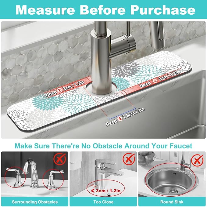 Findosom 2PCS 12" x 20" Dish Drying Mat & 24" x 5.5" Sink Splash Guard, Super Absorbent & Cuttable Dish Mat Drying Kitchen Mat with Teal Floral, Hide Stain Drying Mat for Kitchen Counter - Image 3