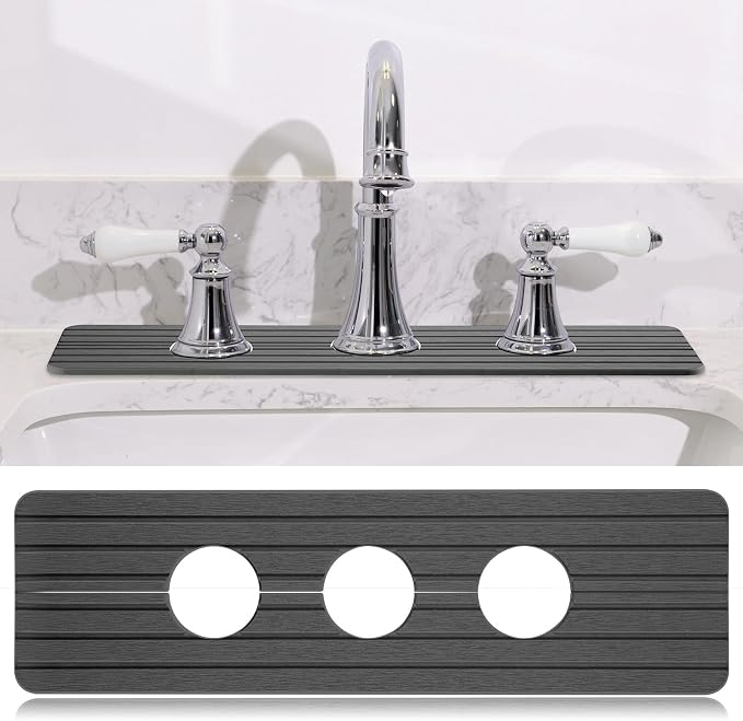 Teenyyou 3 Hole Gray Faucet Mat Kitchen Sink 15.94" x 4.92" | Bathroom Faucet Absorbent Mat,Diatomite Splash Guard,Quick Drying Drip Catcher,Hole 2.36",Holes Spaced About 1.65" by Teenyyou