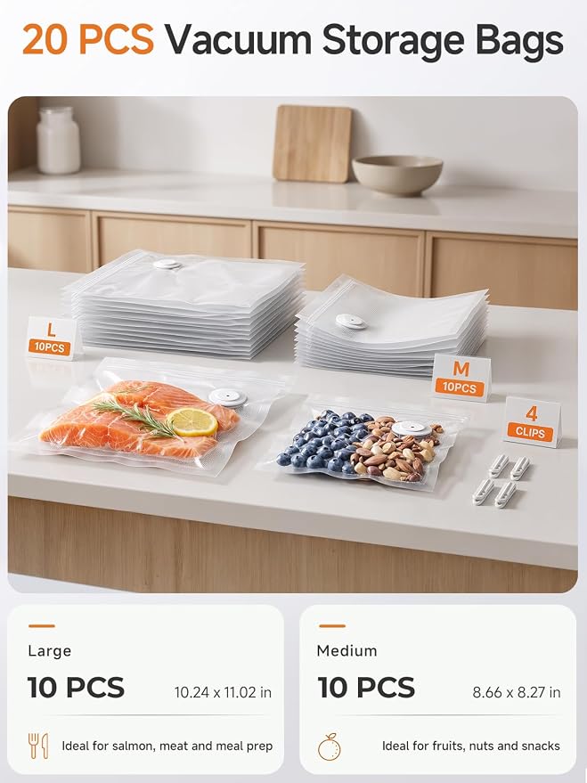 FEPPO Reusable Vacuum Sealer Bags for Food, 20 PCS (10 Medium 8.3"×8.7" + 10 Large 10.2"×11") BPA-Free Food Storage Bags with Air Valve, Leak-Proof & Odor-Resistant for Freshness Preservation - Image 2
