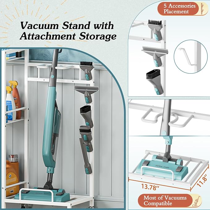Broom Holder with Cleaning Supplies Organizer, Broom Closet Storage Cabinet with Cleaning Caddy Vacuum Stand, Cleaning Cart with Mop Hanger Gripper Rack Hook, Laundry Room Organization Home Essentials - Image 5