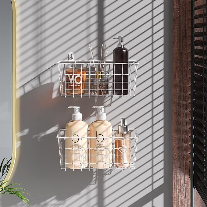 MaraFansie Hanging Wire Baskets Kitchen Storage Basket Adhesive and Screws Basket Over the Cabinet Door Organizer with Adhesive Strips and Screws Accessories, 2 Installations, 2 Pack, White - Image 4