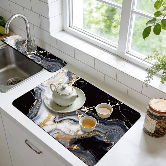 3 Pcs 2 Size Kitchen Sink Splash Guard Faucet Mat Blue and White Floral Pattern Faucet Mats for Sinks Absorbing Drying Mat for Kitchen Bathroom - Image 5