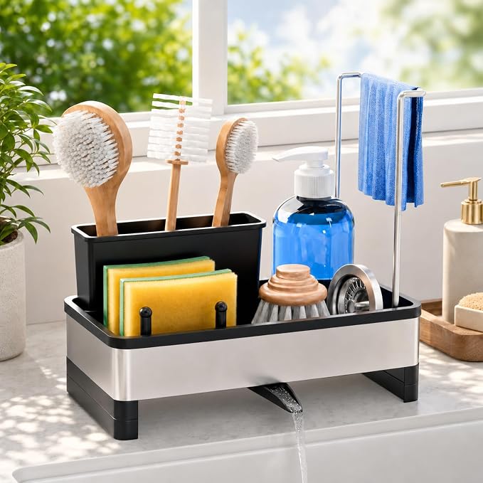 Laveshop Sponge Holder for Kitchen Sink, Rustproof Stainless Steel Sink Caddy with Auto-Drain, Removable Brush Holders, Soap and Dishcloth Organizer, Black by Unknown