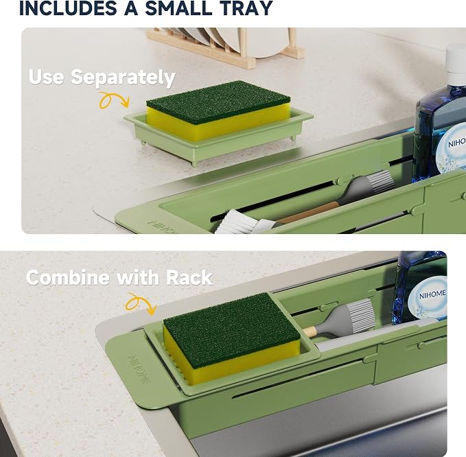 NiHome Extendable Sink Caddy, Small Telescopic Kitchen Brush Holder | Adjustable Sink Organizer for Brush/Sponge with Fast Drainage, Durable ABS, Non-Slip Pads, Expandable Brushes Holder (Green) - Image 4