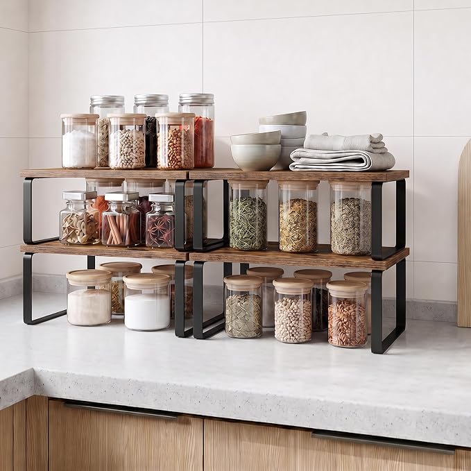 LAMU Cabinet Organizer Shelf, Set of 4 Expandable Kitchen Counter Shelve Plate Organizer for Cabiner, Stackable Spice Rack, CupBoard Organizers and Storage, Brown - Image 5