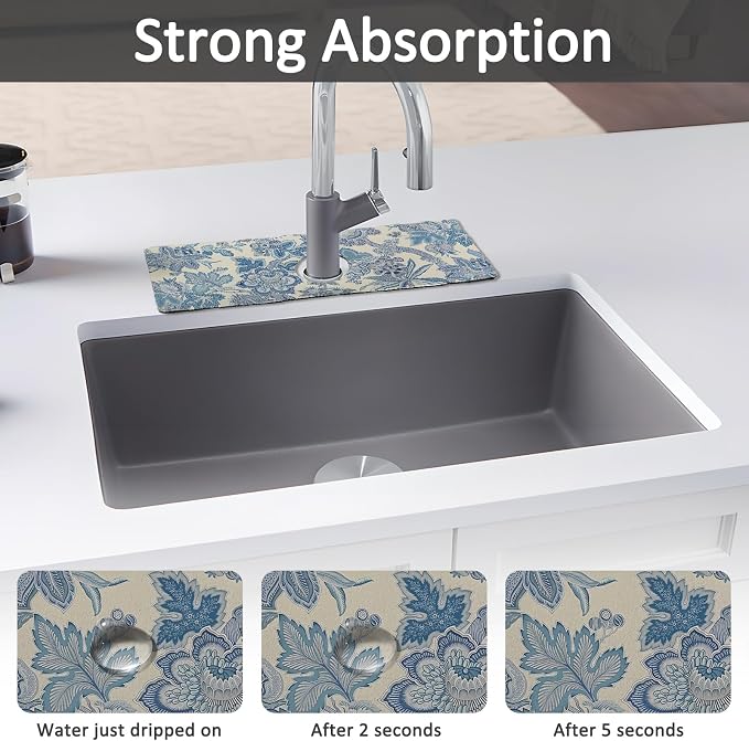 15" X 5.5" Kitchen Sink Splash Guard Faucet Mat Floral Super Absorbent Fast Drying Faucet Guard & Draining Mat Sink Splash Guard Behind Faucet for Kitchen, Bathroom - Image 3