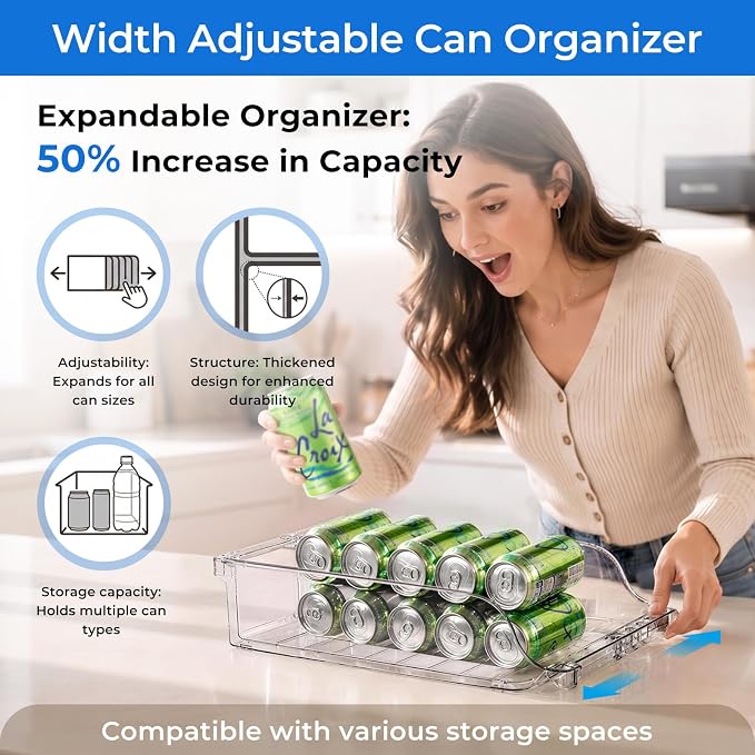 Clear Width Adjustable Soda Can Organizer for Refrigerator Fridge | Expandable Soda Can Dispenser for Beer Seltzer Soda Pop Can Soda Expand Organizer for Fridge Kitchen Pantry Storage Container - Image 3