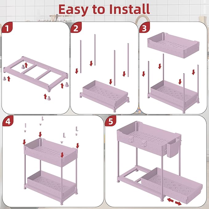 4-Pack 2-Tier Under Sink Organizer with Pull Out Drawers | Multi-use kitchen & bathroom storage. Includes hanging hooks and cups. Pink, space-saving cabinet design. 14.8 Inch - Image 9
